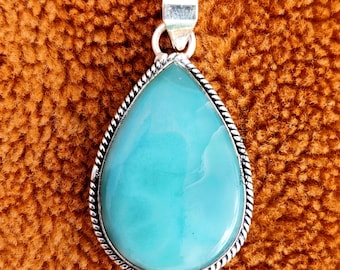 Handmade Larimar Pendant, 925 Sterling Silver, Dainty Teardrop Design