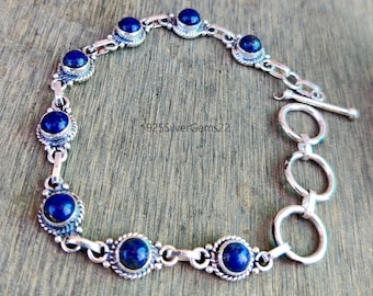 Pulseira de Lápis-lazúli em Prata de Lei, Ajustável, Feita à Mão