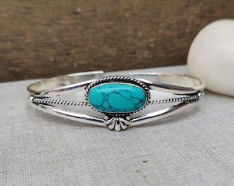 Sterling Silver Turquoise Bangle, Adjustable Gemstone Jewelry