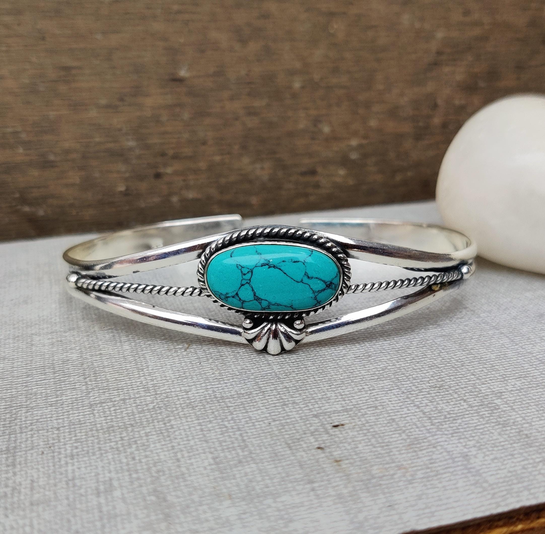 Sterling Silver Turquoise Bangle, Adjustable Gemstone Jewelry - Etsy