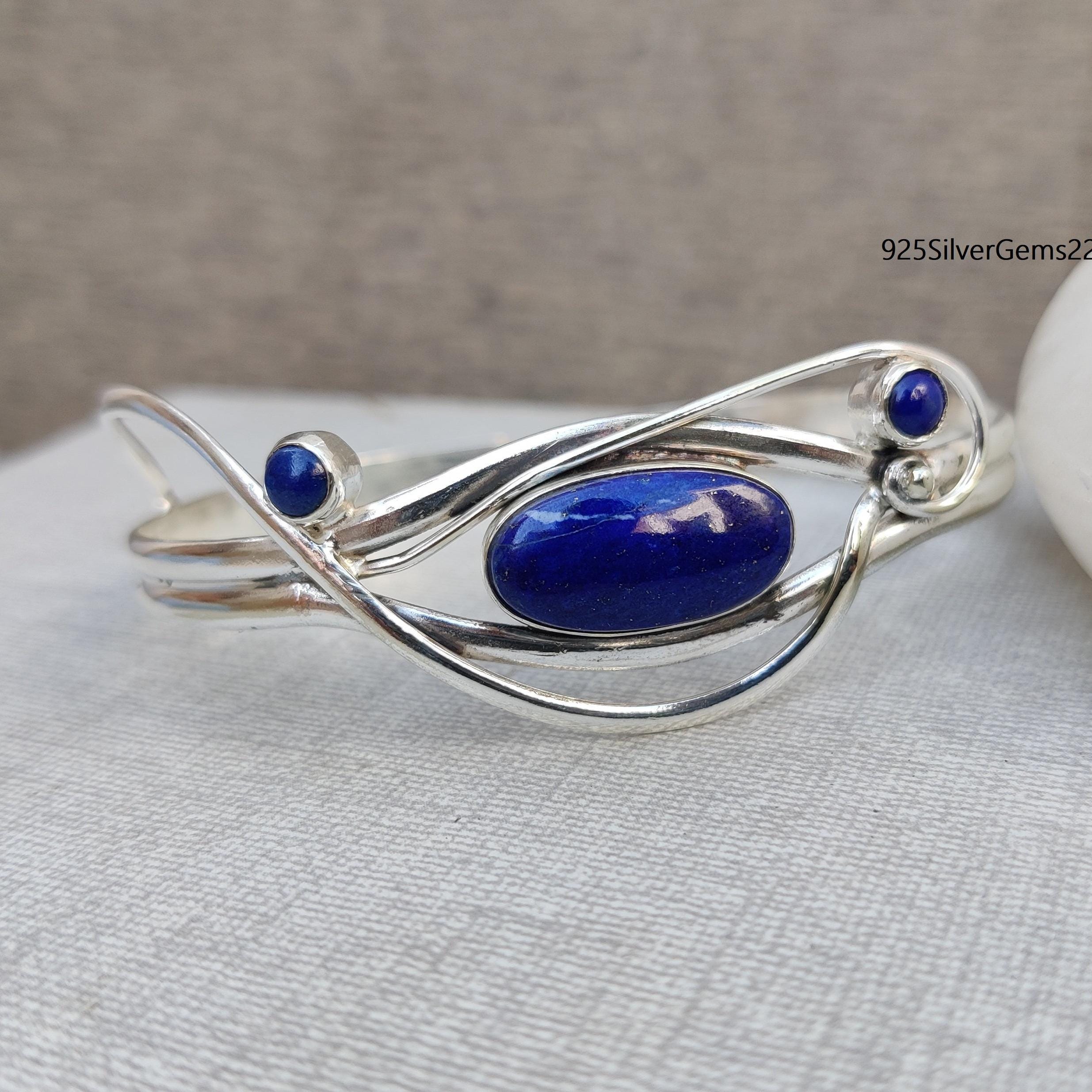 Bracelet Manchette Argent Et Lapis Lazuli - Style élégant Et Vintage - Occasion