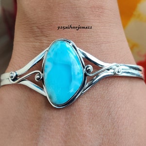 Larimar Armreif, 925 Sterling Silber Armreif, Larimar Armband, handgemachter Armreif, verstellbarer Armreif, Edelstein Armreif, Boho Armreif, Manschette Armreif