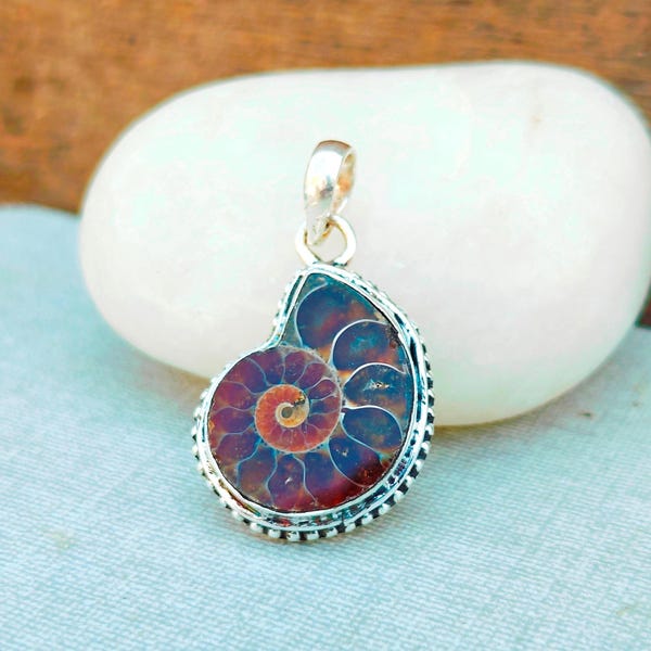 Ammonite Fossil Pendant, Sterling Silver Gemstone, Statement Jewelry