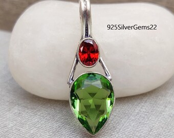 Peridot Garnet Silver Pendant, Gemstone Necklace