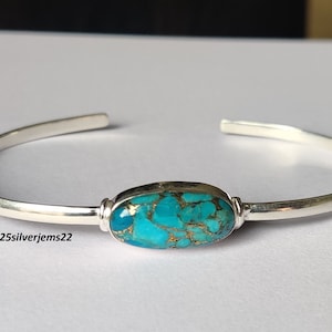 Bracciale rigido in turchese blu rame, bracciale rigido in argento sterling 925, bracciale rigido turchese, bracciale rigido regolabile, bracciale rigido in pietra, bracciale rigido turchese, bracciale rigido regalo
