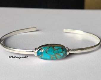 Blue Copper Turquoise Bangle, 925 Sterling Silver Bangle, Turquoise Bracelet, Adjustable Bangle, Stone Bangle, Turquoise Bangle, Gift Bangle