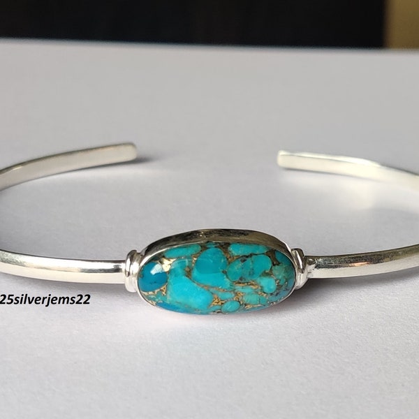 Blue Copper Turquoise Bangle, 925 Sterling Silver Bangle, Turquoise Bracelet, Adjustable Bangle, Stone Bangle, Turquoise Bangle, Gift Bangle