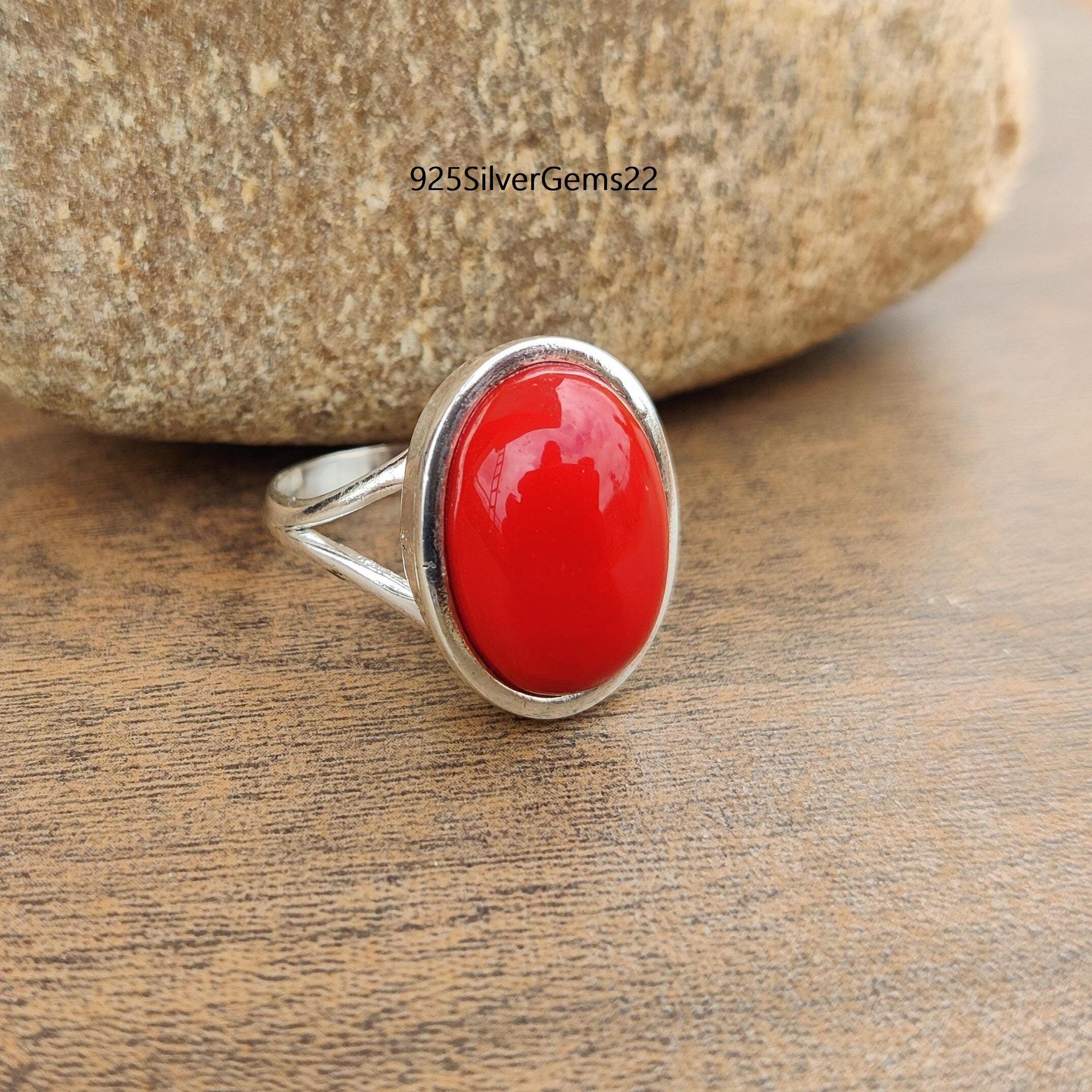 coral ring silver 925 コーラルリング 925 Sterling Silver Coral Gemstone Ring, Women's Band - Etsy