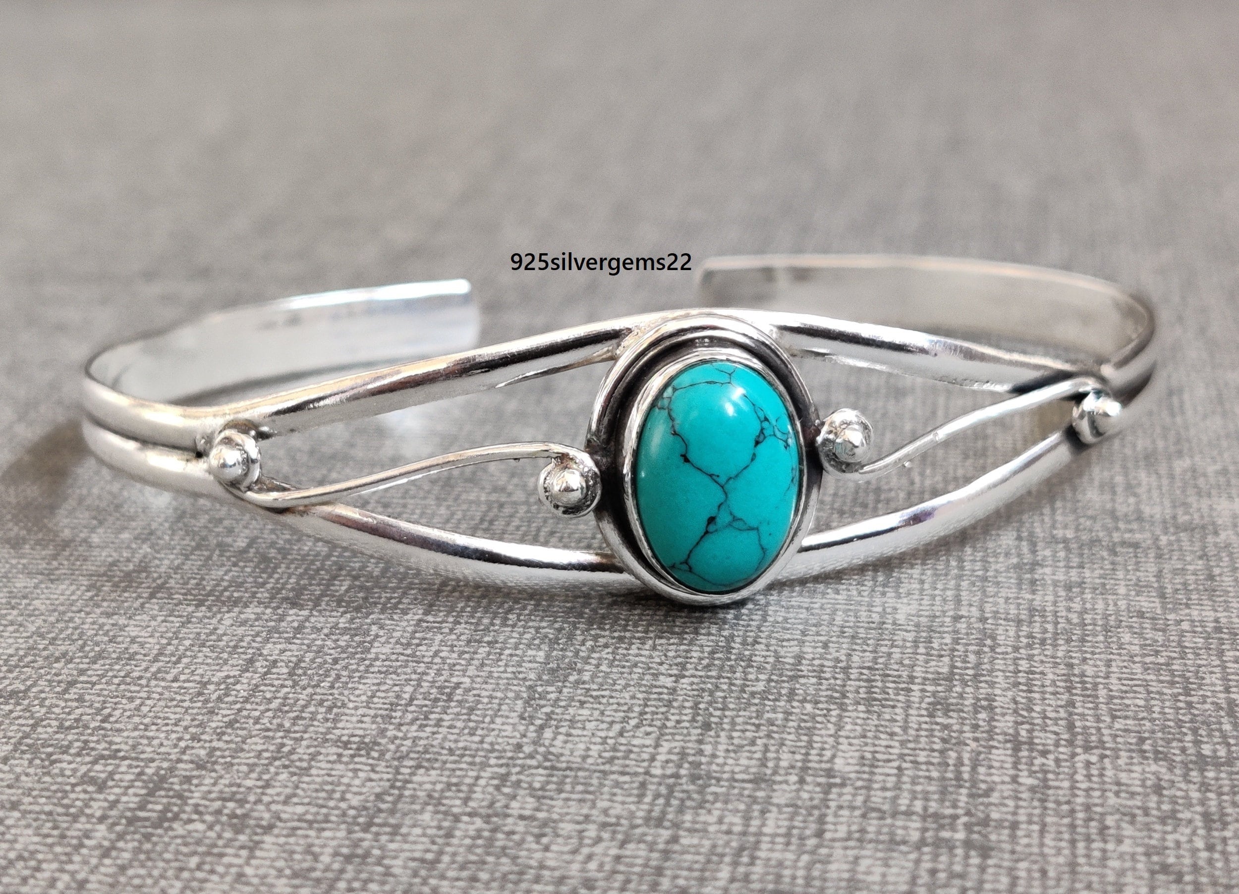 Turquoise 925 Sterling Silver Bangle, Adjustable Gemstone Bracelet