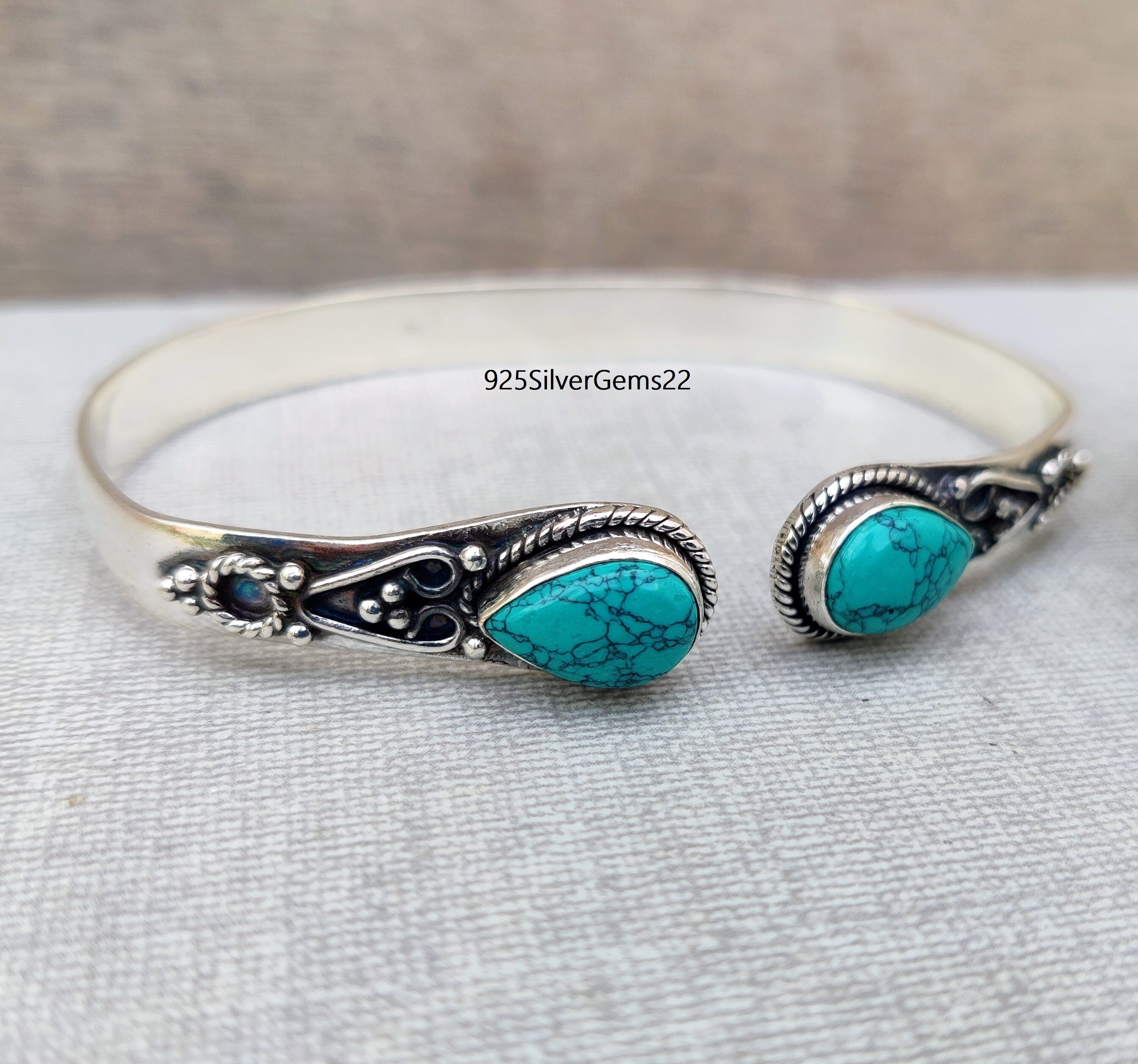 Blue Turquoise 925 Silver Bangle, Adjustable Gemstone Bracelet - Etsy