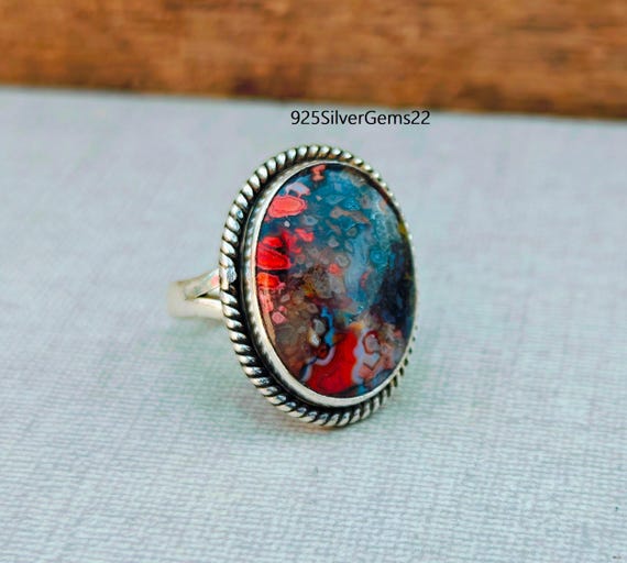 Handmade Crazy Lace Agate Ring, Sterling Silver Jewelry - Etsy 日本