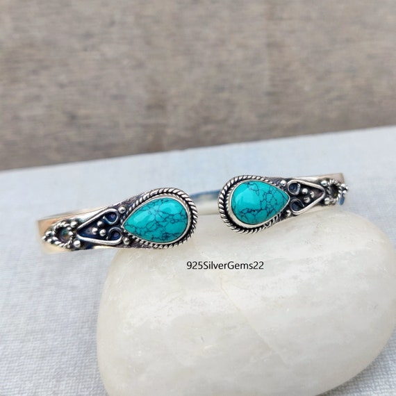 Blue Turquoise 925 Silver Bangle, Adjustable Gemstone Bracelet