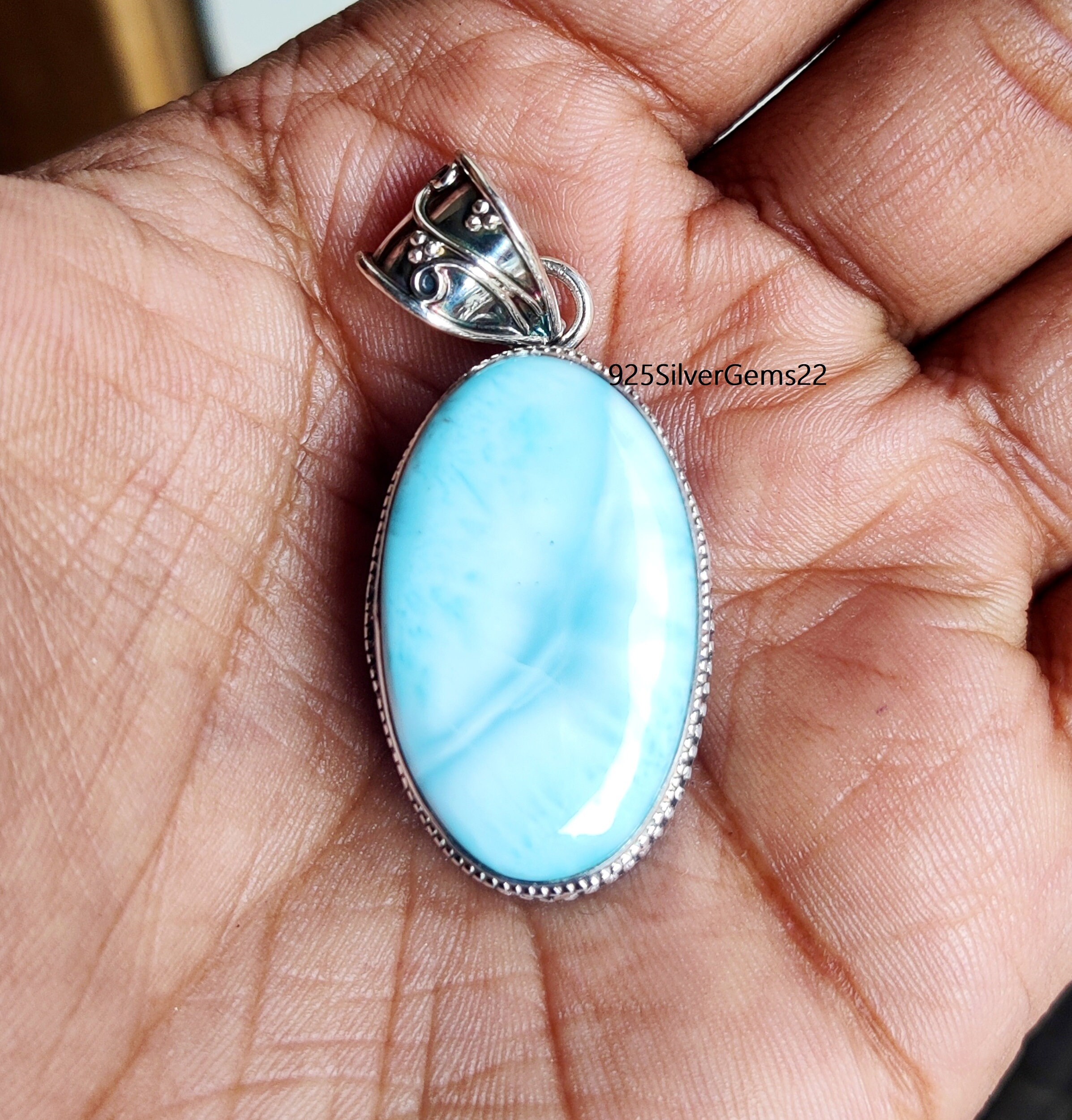 Ciondolo In Larimar Fatto A Mano, Argento Sterling 925, Pietra Preziosa Rotonda - Foto 4