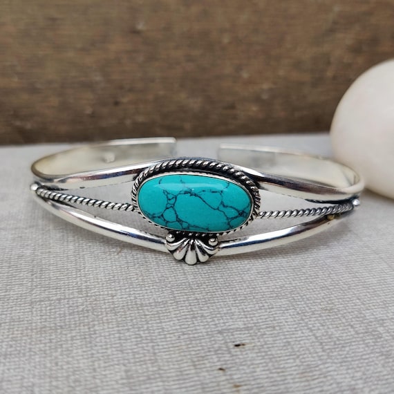 Sterling Silver Turquoise Bangle, Adjustable Gemstone Jewelry - Etsy