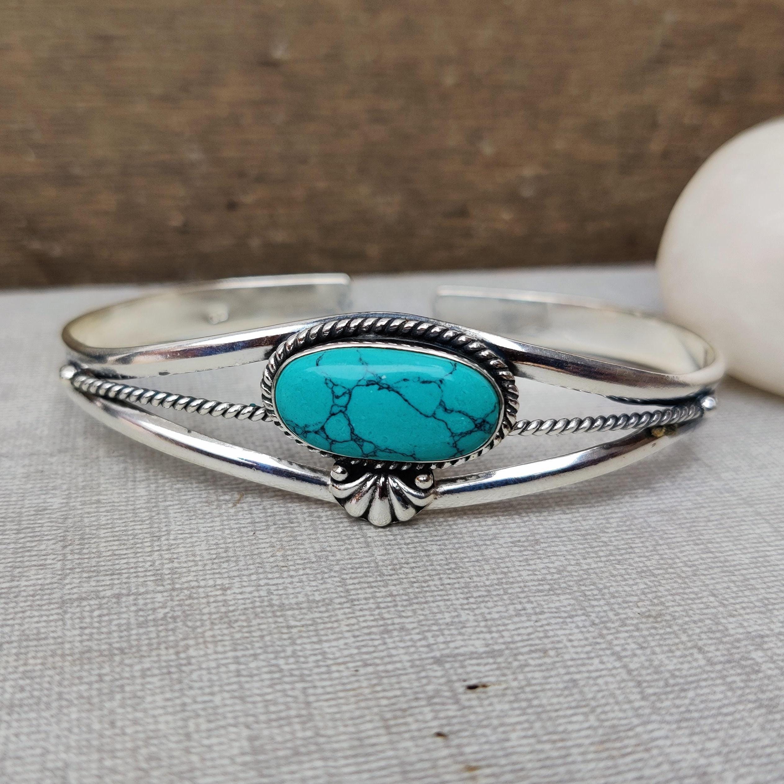 Sterling Silver Turquoise Bangle, Adjustable Gemstone Jewelry - Etsy