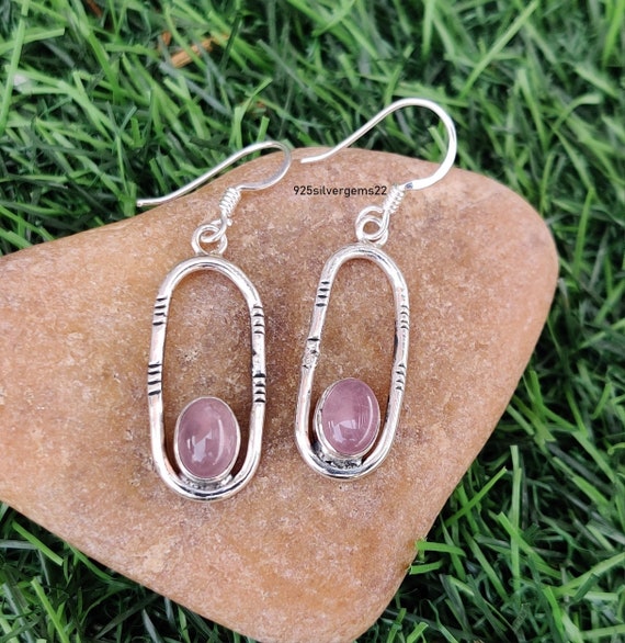 Boucles d'oreilles pendantes quartz rose en argent massif 925 – Le Luft