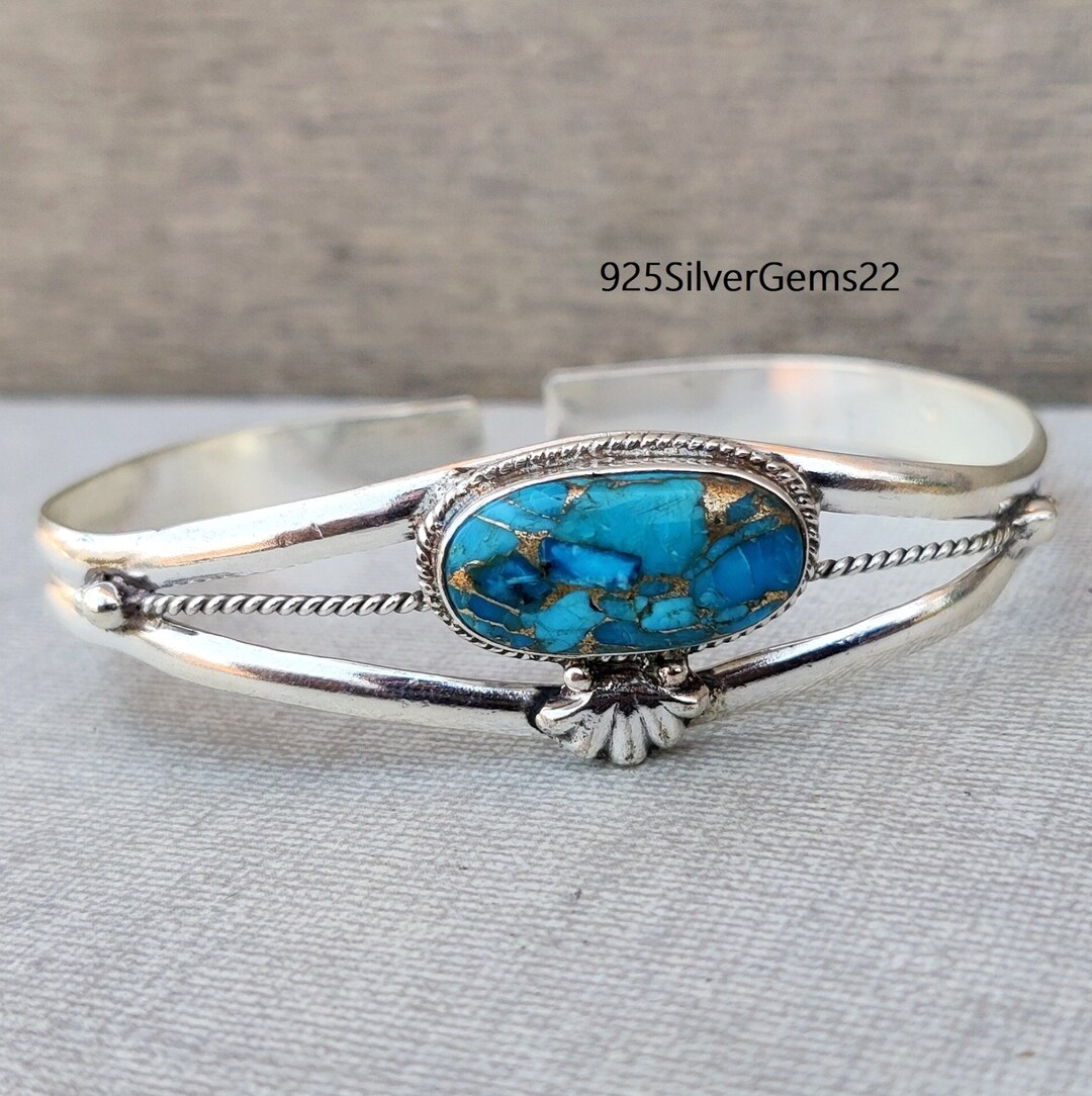 Blue Copper Turquoise Bangle, 925 Sterling Silver, Handmade