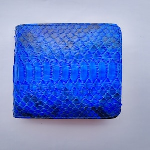 Cartera plegable de piel de serpiente de pitón auténtica, color azul, hecha a mano