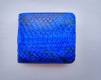 Cartera plegable de piel de serpiente de pitón auténtica, color azul, hecha a mano