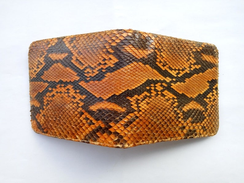 May include: A brown and black snakeskin wallet with a textured pattern.