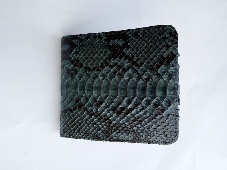 May include: A blue and black snakeskin wallet with a textured pattern.