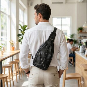 Pode incluir: Uma bolsa transversal de couro preto com superfície texturizada é usada no ombro. A bolsa tem um zíper diagonal e uma alça ajustável. A pessoa está vestindo uma camisa branca e calças cáqui.
