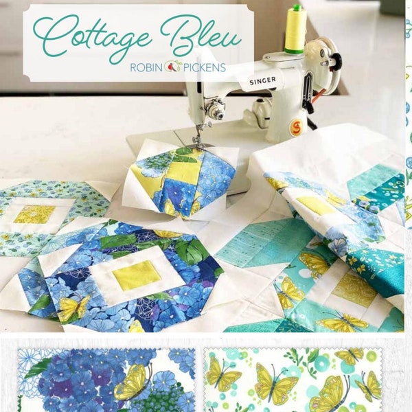 Cottage Bleu -  Moda Fabric by Robin Pickens / Blue Florals with Butterflies