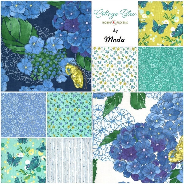 Cottage Bleu -  Moda Fabric by Robin Pickens / Blue Florals with Butterflies