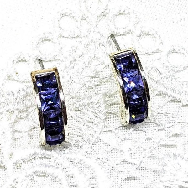 Vintage Jewelry Signed ROMAN Purple Amethyst Rhinestone Silver Tone Pierced Class Ring Earrings