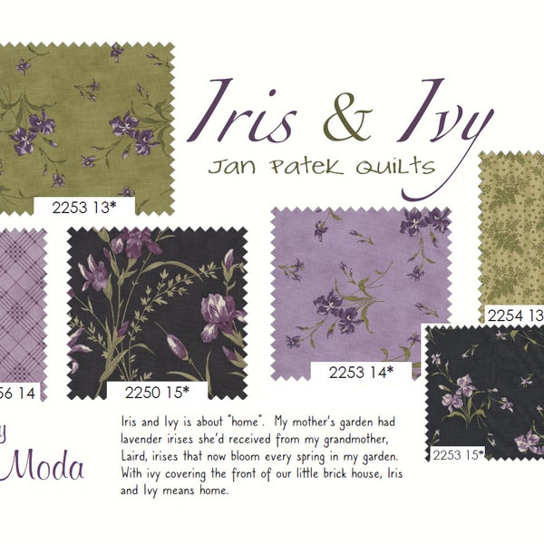 IRIS IVY Collection  -  Moda Fabric by Jan Patek / Lavender Irisis Deep Purples & Olive Green Gardens