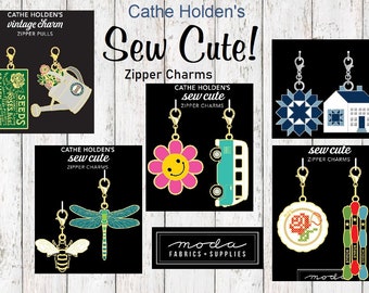 Enamel Zipper Pulls Charms Cathe Holden : Sew Cute, Bee, Dragonfly, Quilt Block, House, Cross Stitch, Thread, Watering Can, Seed Packet