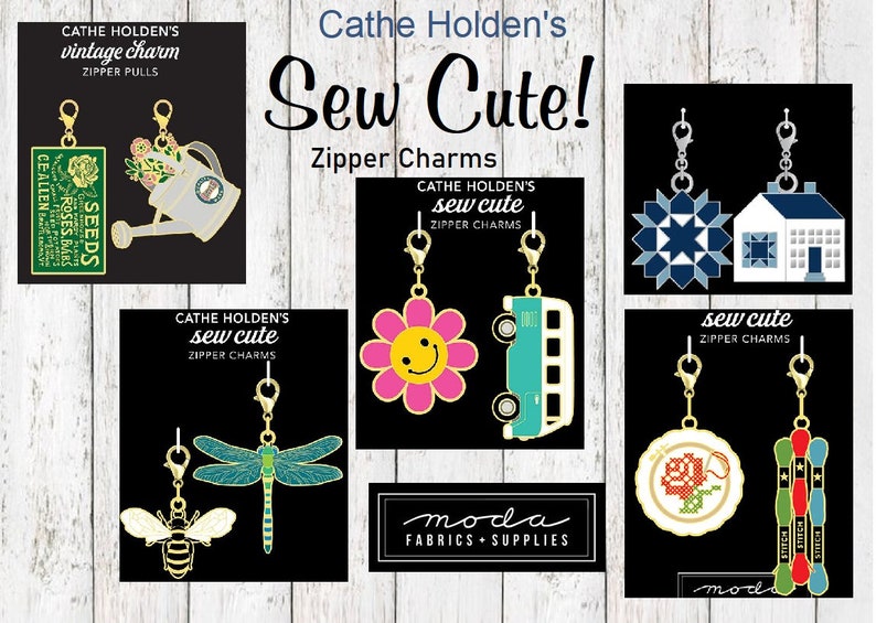 Enamel Zipper Pulls Charms Cathe Holden : Sew Cute, Bee, Dragonfly, Quilt Block, House, Cross Stitch, Thread, Watering Can, Seed Packet image 1