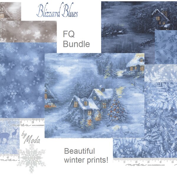 BLIZZARD BLUES - Paquete Fat Quarter / Tela navideña de invierno de Moda / Snowflakes Snow Village