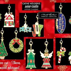 Enamel Zipper Pulls Charms Cathe Holden : Sew Cute, Vintage Truck, House, Ornaments, Snowman, Candy Cane Wreath, Christmas Tree, Angel, Bell