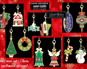 Enamel Zipper Pulls Charms Cathe Holden : Sew Cute, Vintage Truck, House, Ornaments, Snowman, Candy Cane Wreath, Christmas Tree, Angel, Bell