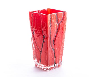 Red Tree Vase, Blown Glass, Fathers day gift, Gift for dad, Gift for mom, Vase, Red Vase, Tree Pattern, Square Vase, Blown Glass, Art Glass,