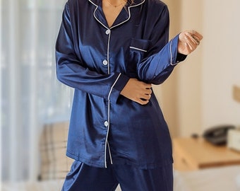 Pijama feminino azul marinho, festa de noiva, conjunto longo de pijama, conjunto de roupa de dormir, pijama de cetim de seda, presente personalizado, presente para meninas,