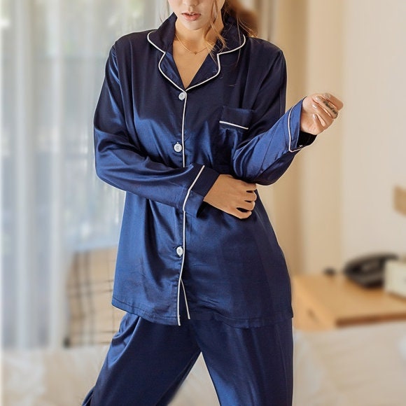 Navy Blue Women Pajamas, Bridal Party, Long Set Pajama, Sleepwear Set,  Silky Satin Pajamas,personalized Gift, Gift for Girls, - Etsy