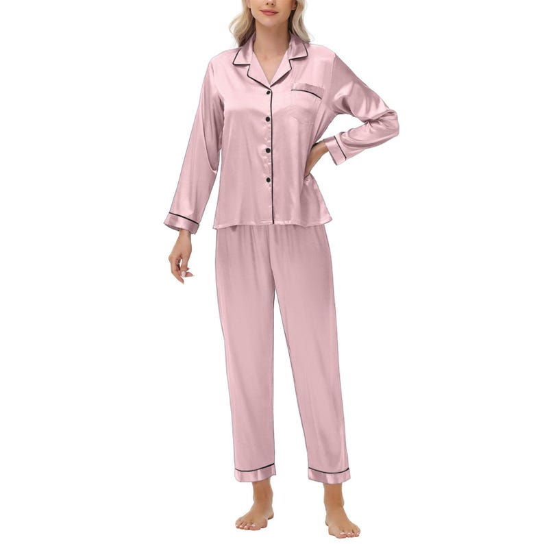 Womens Pajama Set, pink pajama set, bridesmaid pj set, silky pajama set, bachelorette pajamas, Personalized PJ set image 4