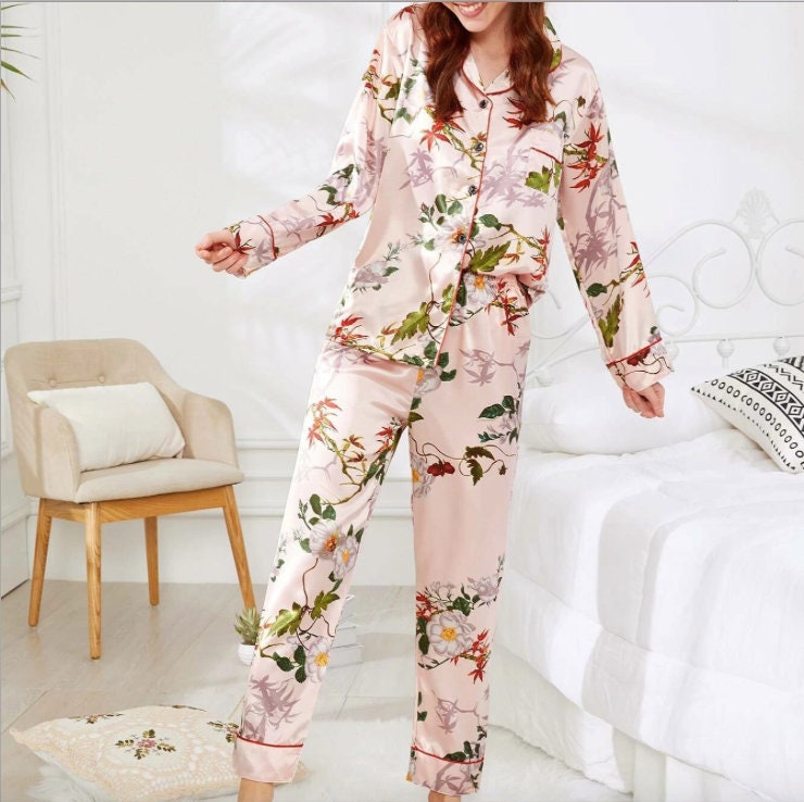 Clearance SALE Floral print pajama set Satin long Pajama | Etsy