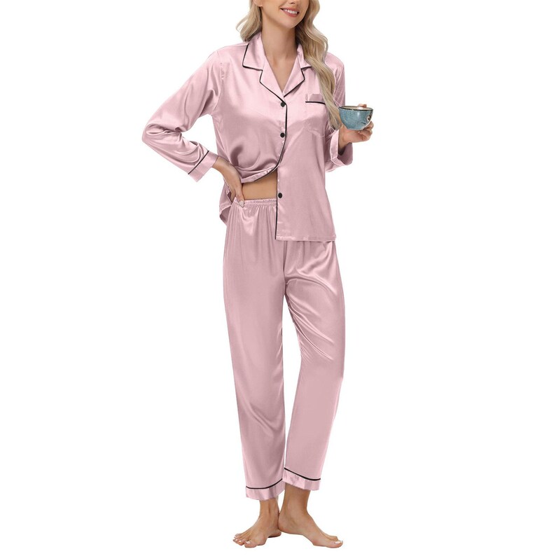 Womens Pajama Set, pink pajama set, bridesmaid pj set, silky pajama set, bachelorette pajamas, Personalized PJ set image 2