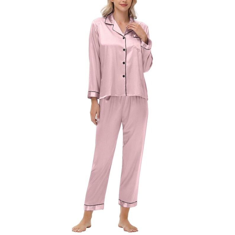 Womens Pajama Set, pink pajama set, bridesmaid pj set, silky pajama set, bachelorette pajamas, Personalized PJ set image 3