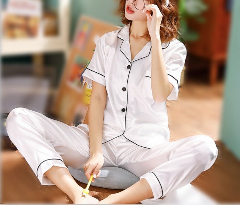 White Pajama Women Pajama Set Satin silk Set Short sleeve Etsy