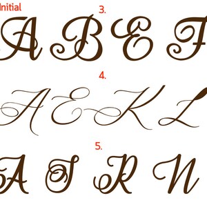 May include: A set of cursive alphabet letters in brown ink. The letters are A, B, C, D, E, F, K, L, R, and N. The letters are arranged in three rows, with the first row labeled "Initial", the second row labeled "3", and the third row labeled "4".