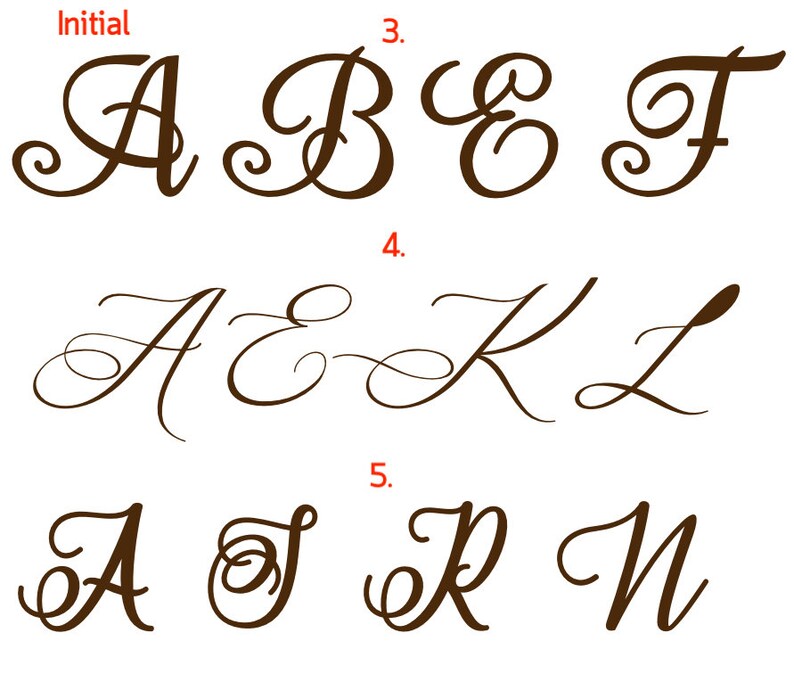 May include: A set of cursive alphabet letters in brown ink. The letters are A, B, C, D, E, F, K, L, R, and N. The letters are arranged in three rows, with the first row labeled "Initial", the second row labeled "3", and the third row labeled "4".