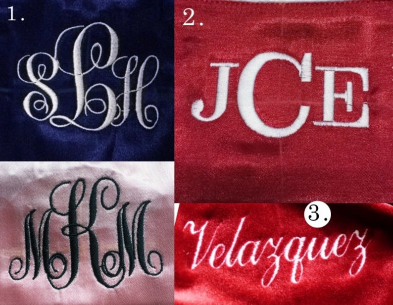 May include: Three examples of embroidery on fabric. The first example is a white monogram "SLH" on a dark blue background. The second example is a white monogram "JCE" on a red background. The third example is a white name "Velazquez" on a red background.