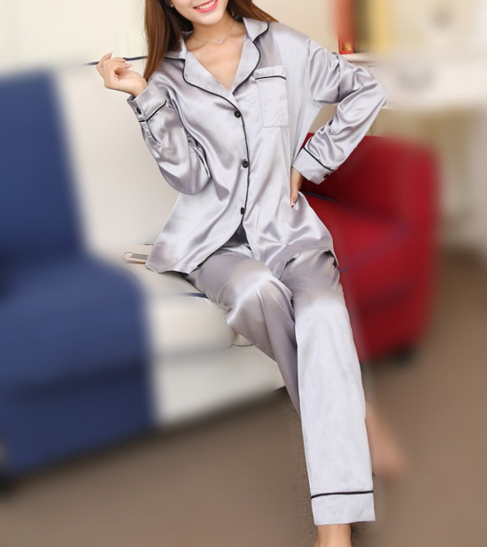 Brides Squad Embroidered Grey Woman Pajama Pajama Long Set - Etsy Ireland