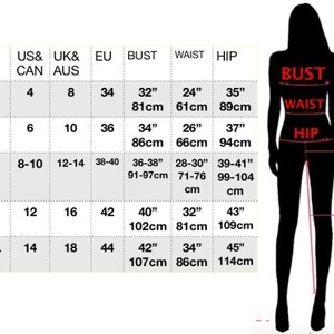 May include: Size chart for clothing with measurements in inches and centimeters. The chart shows US, UK, EU, bust, waist, and hip sizes.