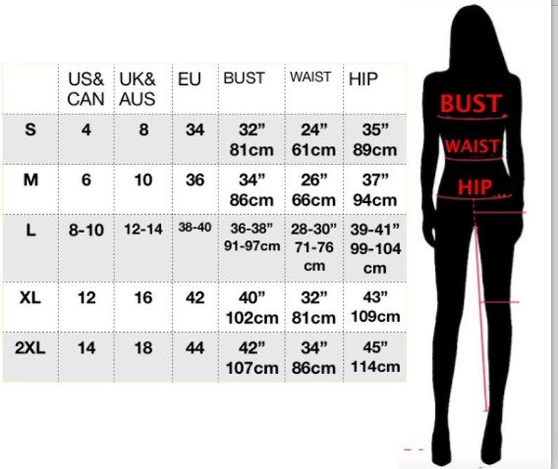 May include: Size chart for clothing with measurements in inches and centimeters. The chart shows US, UK, EU, bust, waist, and hip sizes.