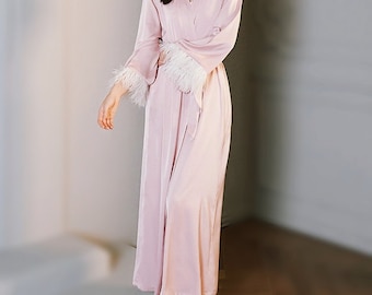 Wedding feather cuffs Satin Robe, luxury Dressing Gown ,Wedding Bridal and Bridesmaid, Personalized wedding robe
